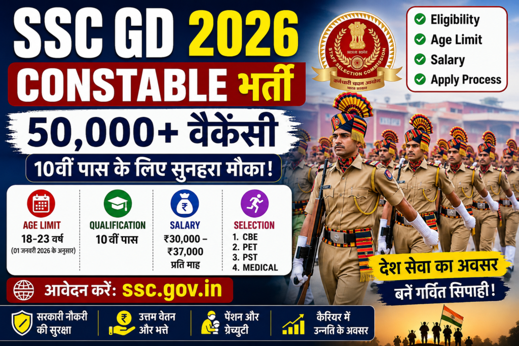 SSC GD Constable 2026 भर्ती पोस्टर जिसमें 50,000+ वैकेंसी, 10वीं पास योग्यता, आयु सीमा 18-23 वर्ष, ₹30,000 सैलरी और चयन प्रक्रिया (CBE, PET, PST, मेडिकल) की जानकारी दिखाई गई है
